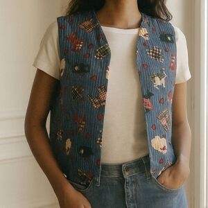 Vintage‎ 90s Farm Animal Print Vest | Country Cottagecore Quilted Waistcoat